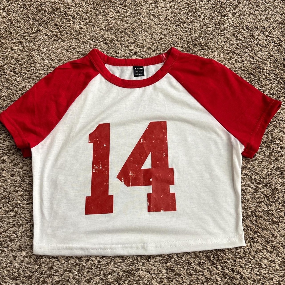 SHEIN Red & White Raglan '14' Crop Tee